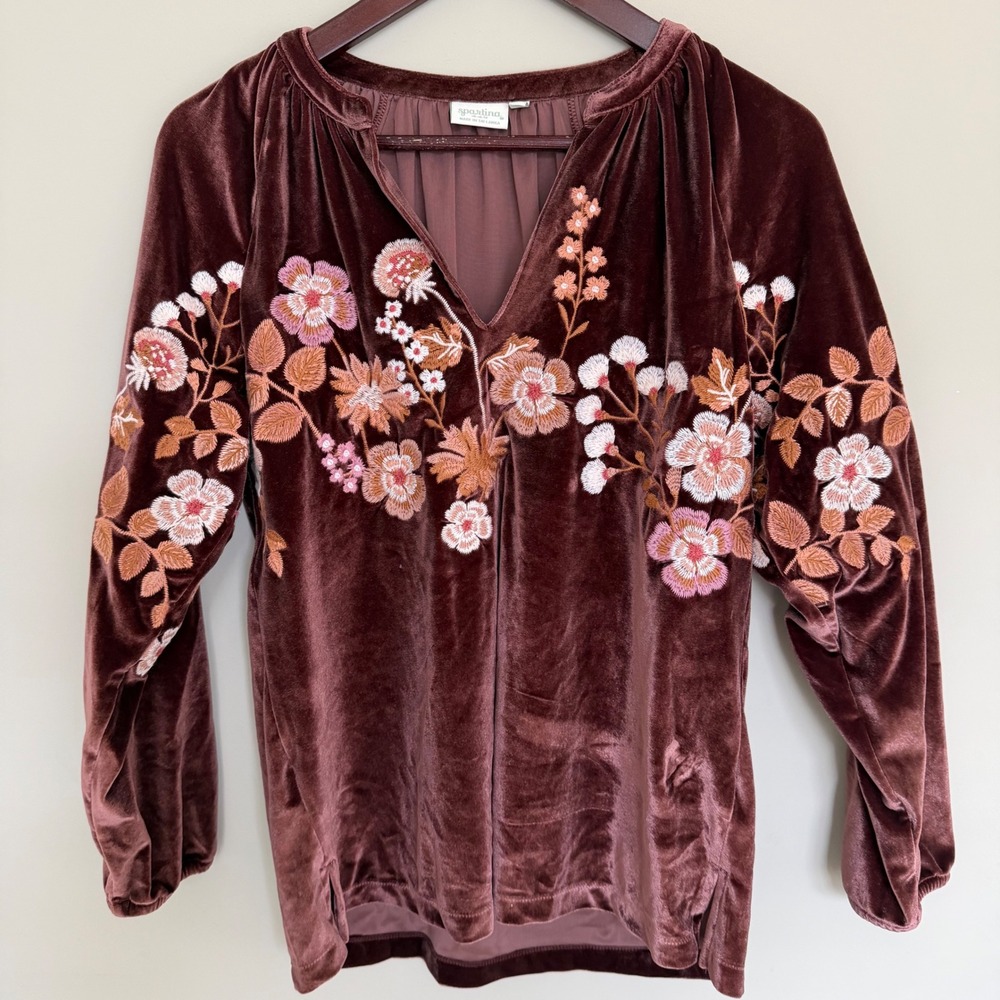 Spartina 449 Genevieve Popover Velvet Top in Lucas Theatre Embroidery M Brown - Picture 5 of 8